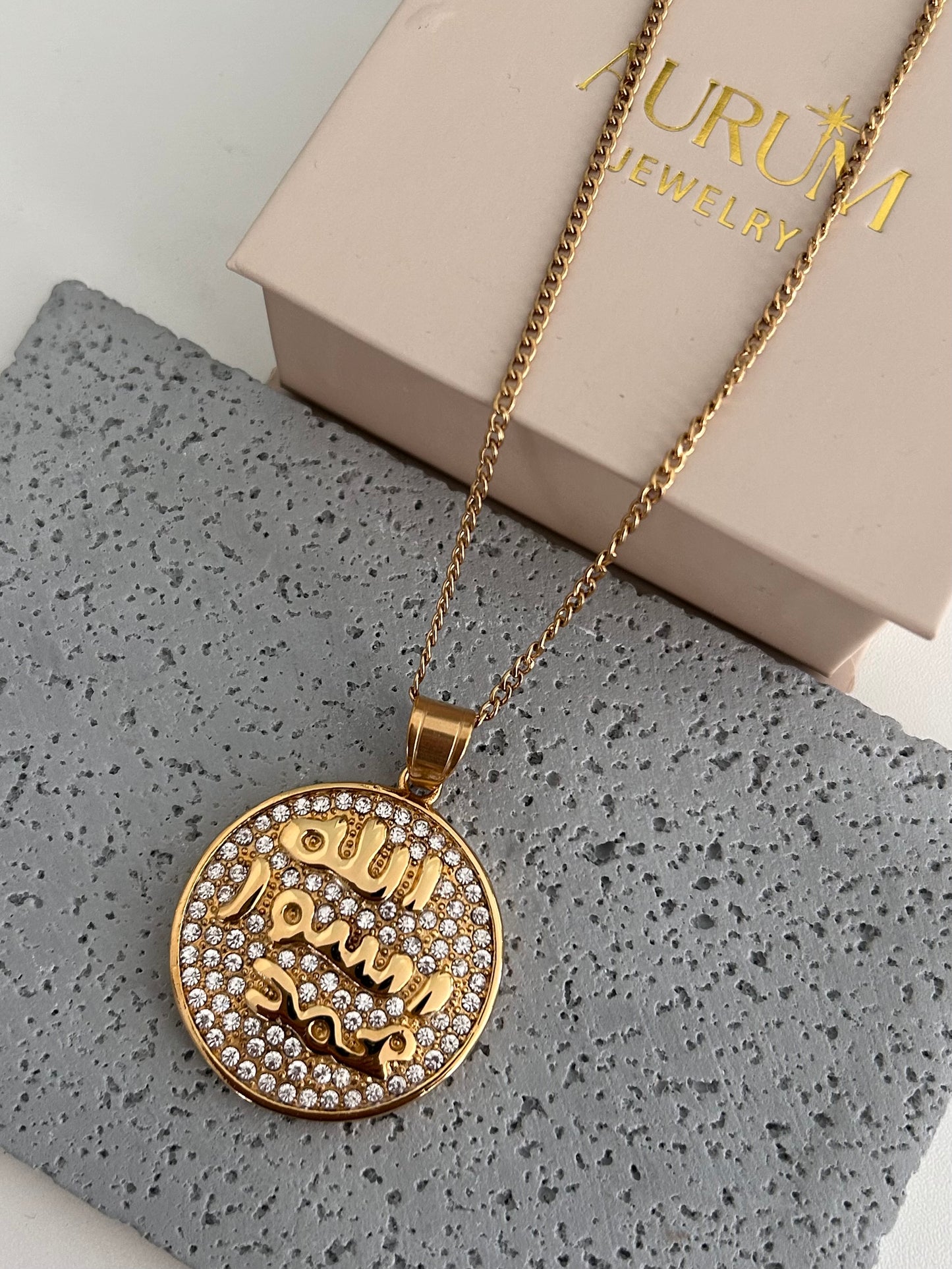 Crystal Gold Allah Rasool Muhammad (sa) Necklace