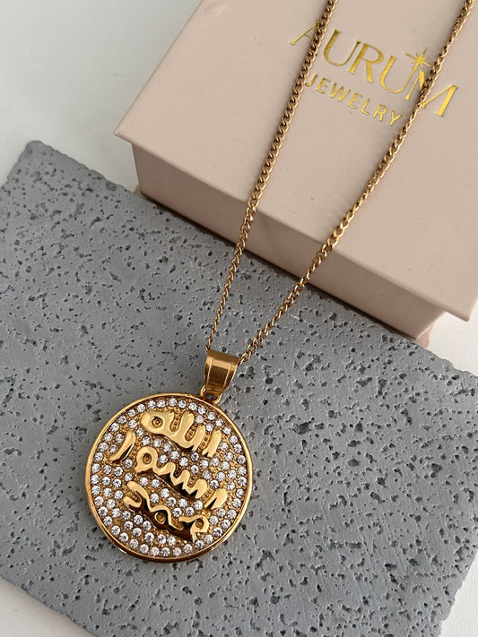 Crystal Gold Allah Rasool Muhammad (sa) Necklace