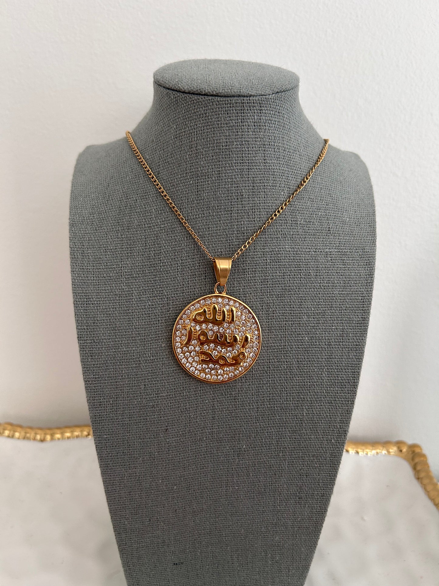 Crystal Gold Allah Rasool Muhammad (sa) Necklace