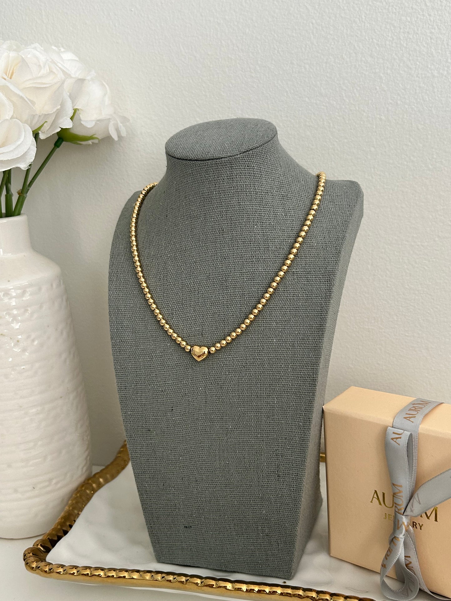 Mila Necklace • Dainty gold beaded heart necklace