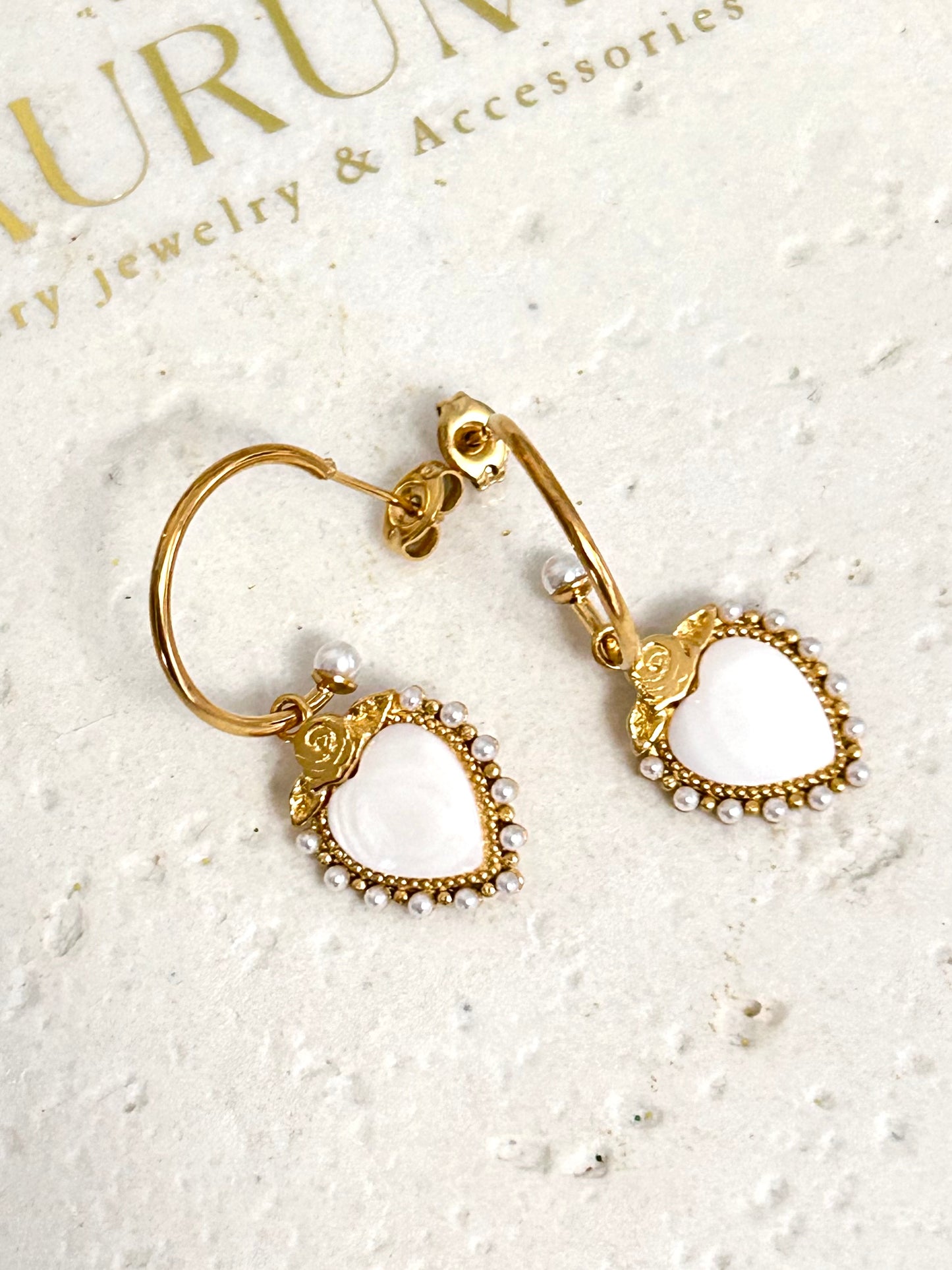 Dainty white pearl heart dangle earrings