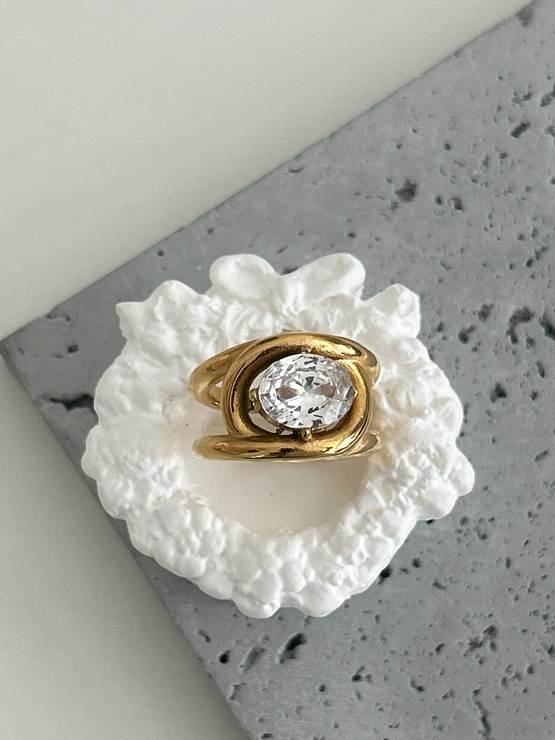 gold non-tarnish chunky ring with a bold stone at Aurum Jewelry