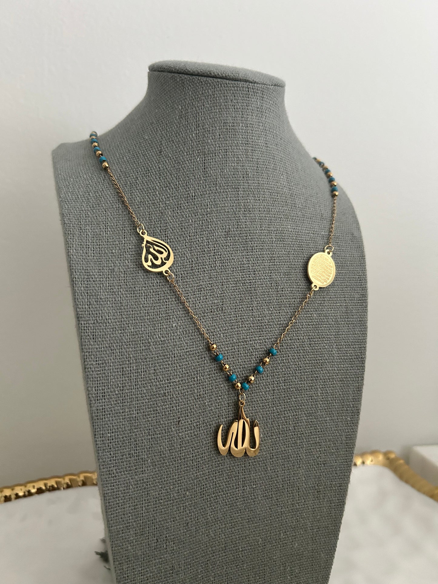 Ayatul kursi Y gold necklace with coloured beads