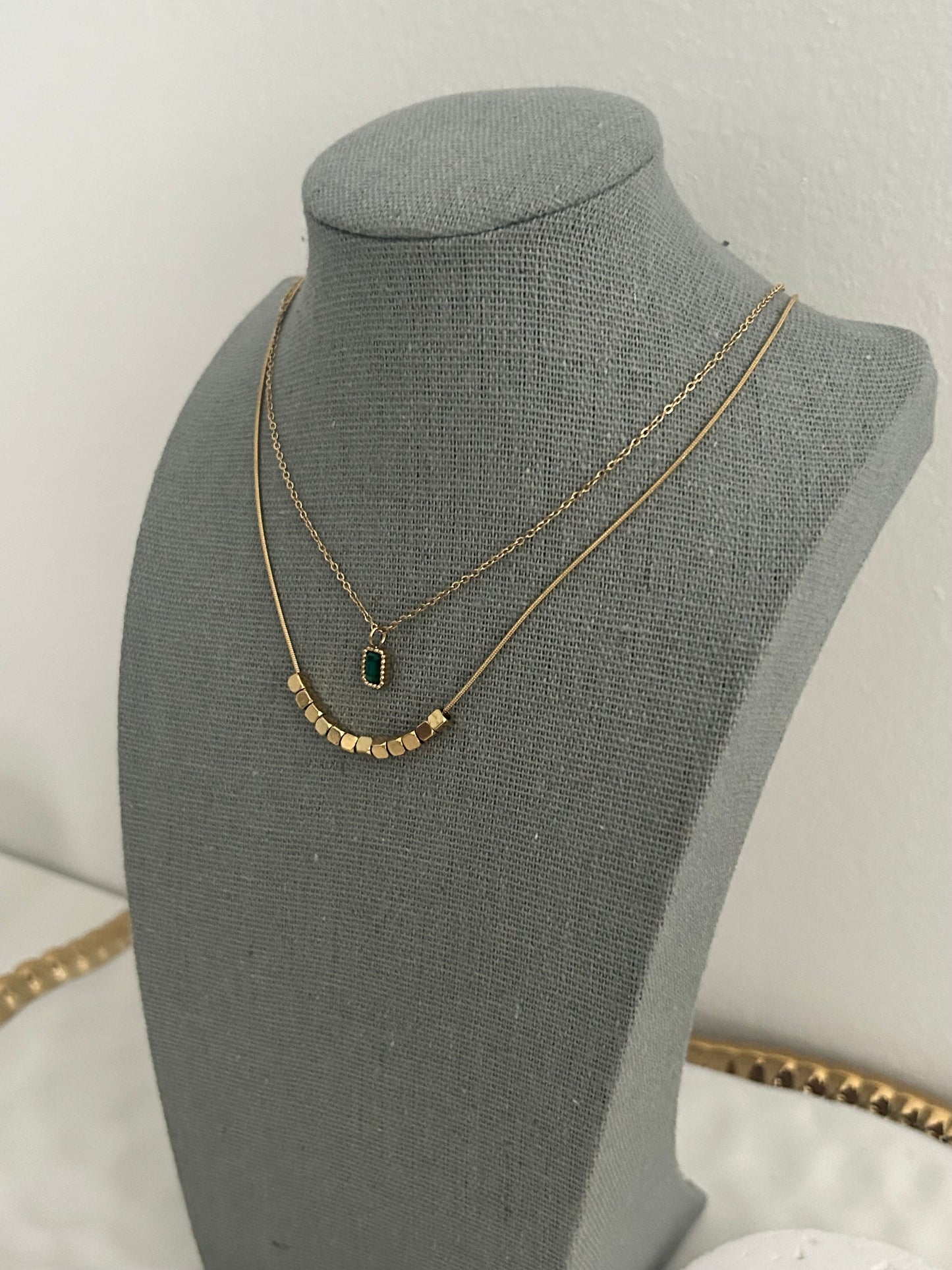 Emmy necklace • Double layer Dainty beaded necklace with a green cz stone