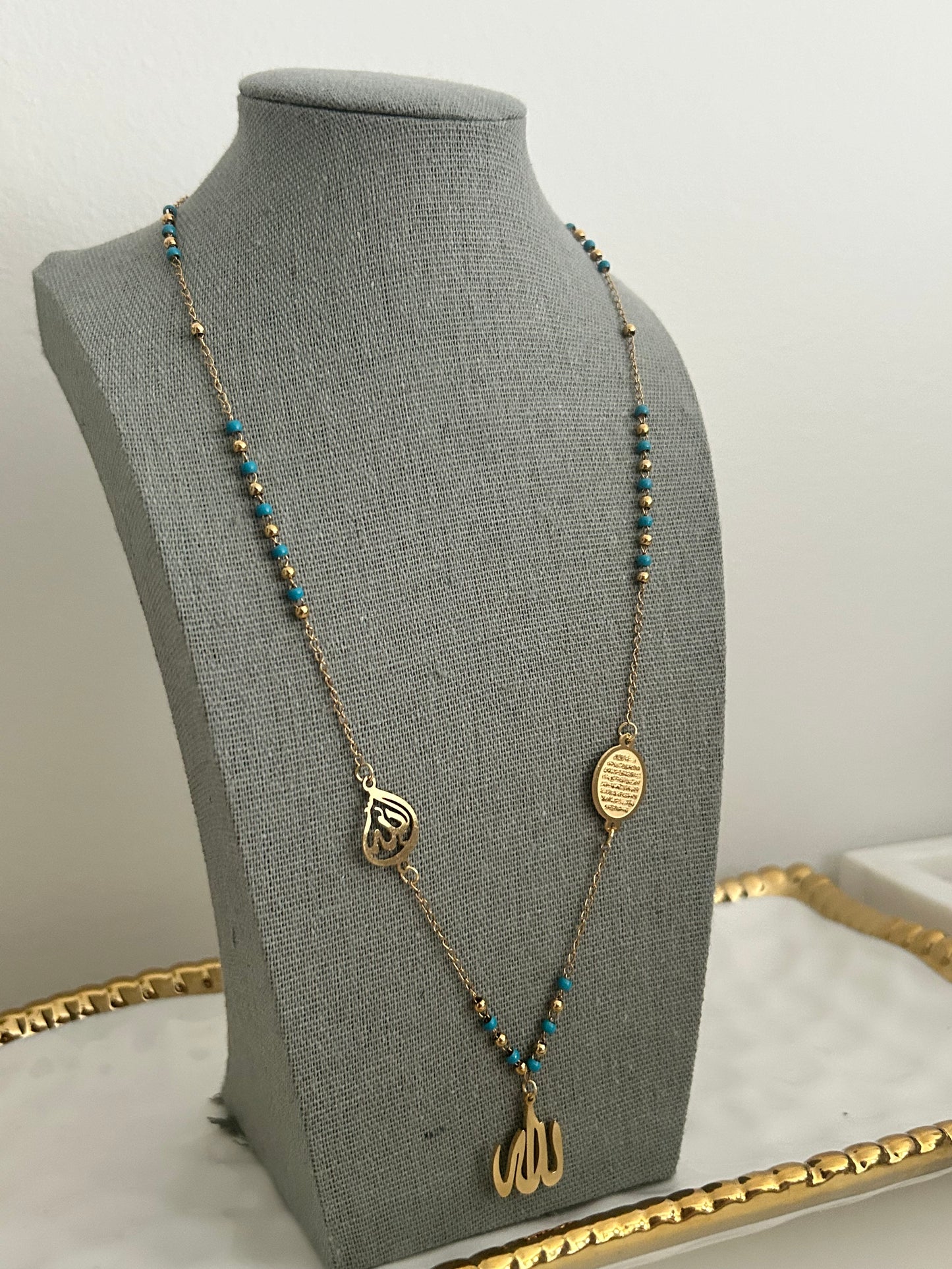 Ayatul kursi Y gold necklace with coloured beads