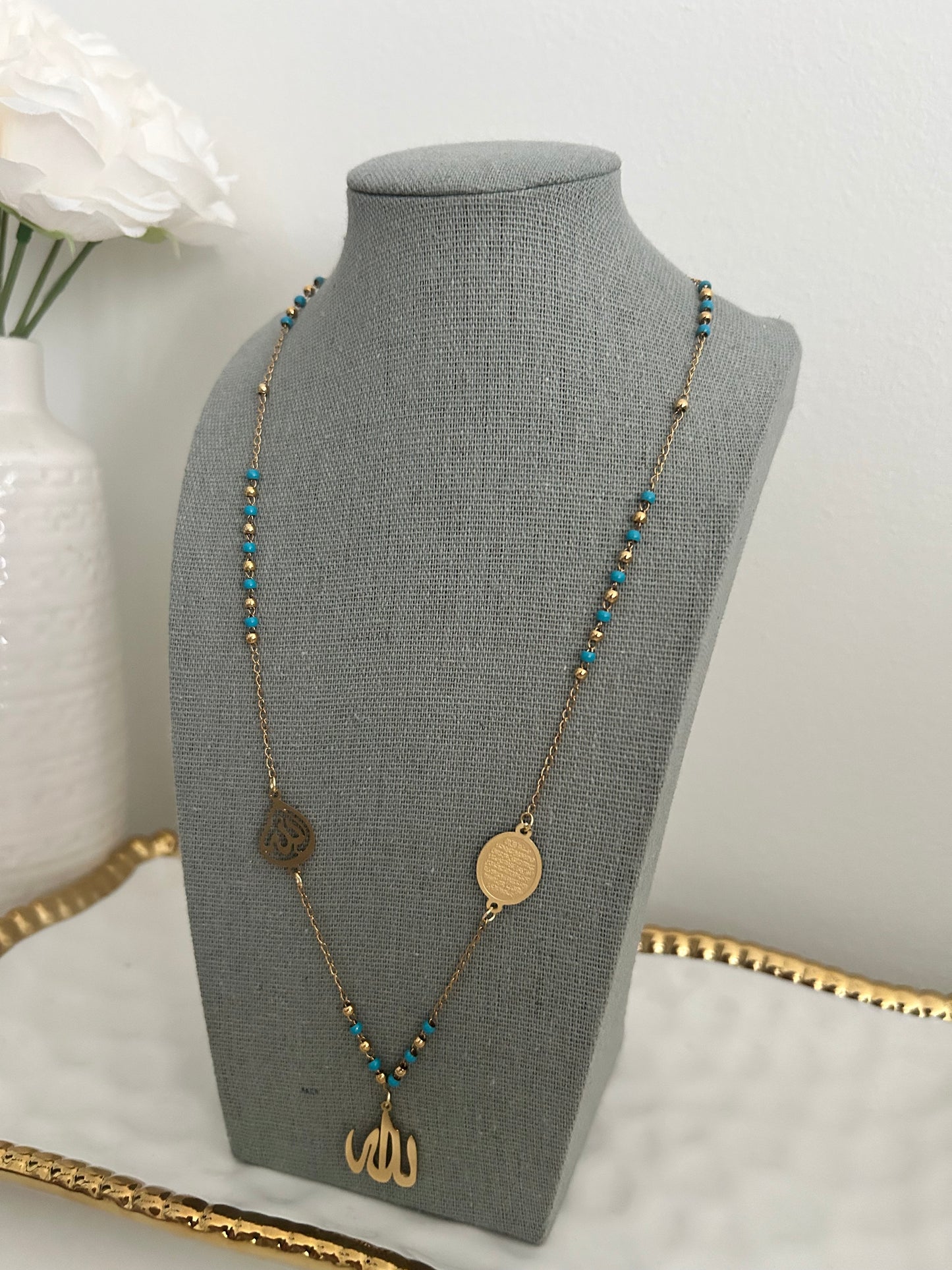 Ayatul kursi Y gold necklace with coloured beads