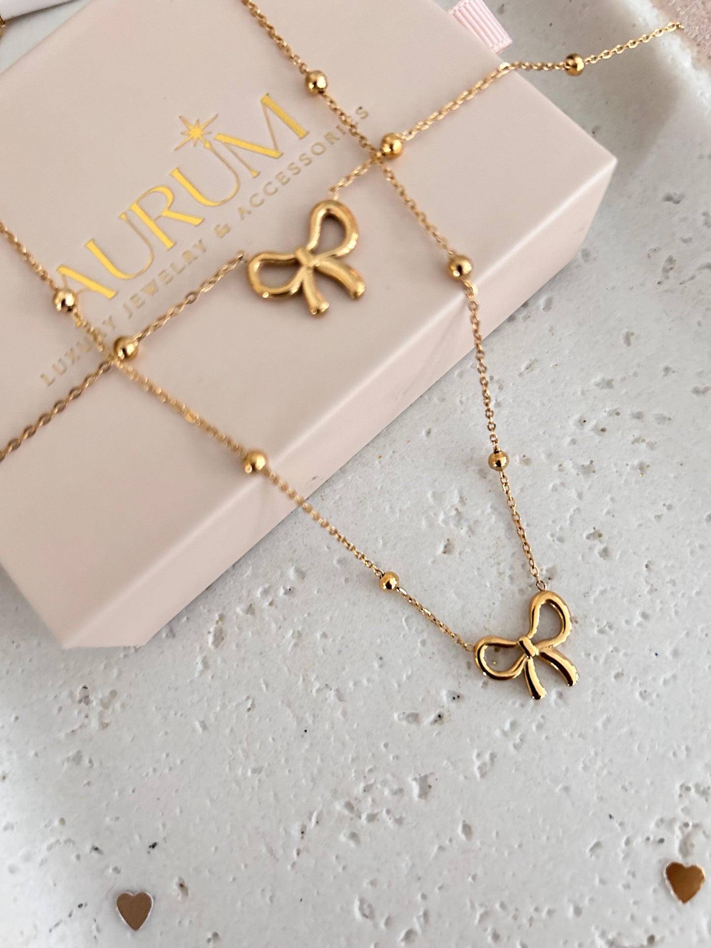 Gold dainty bow necklace and bracelet 