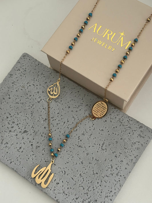 Ayatul kursi Y gold necklace with coloured beads