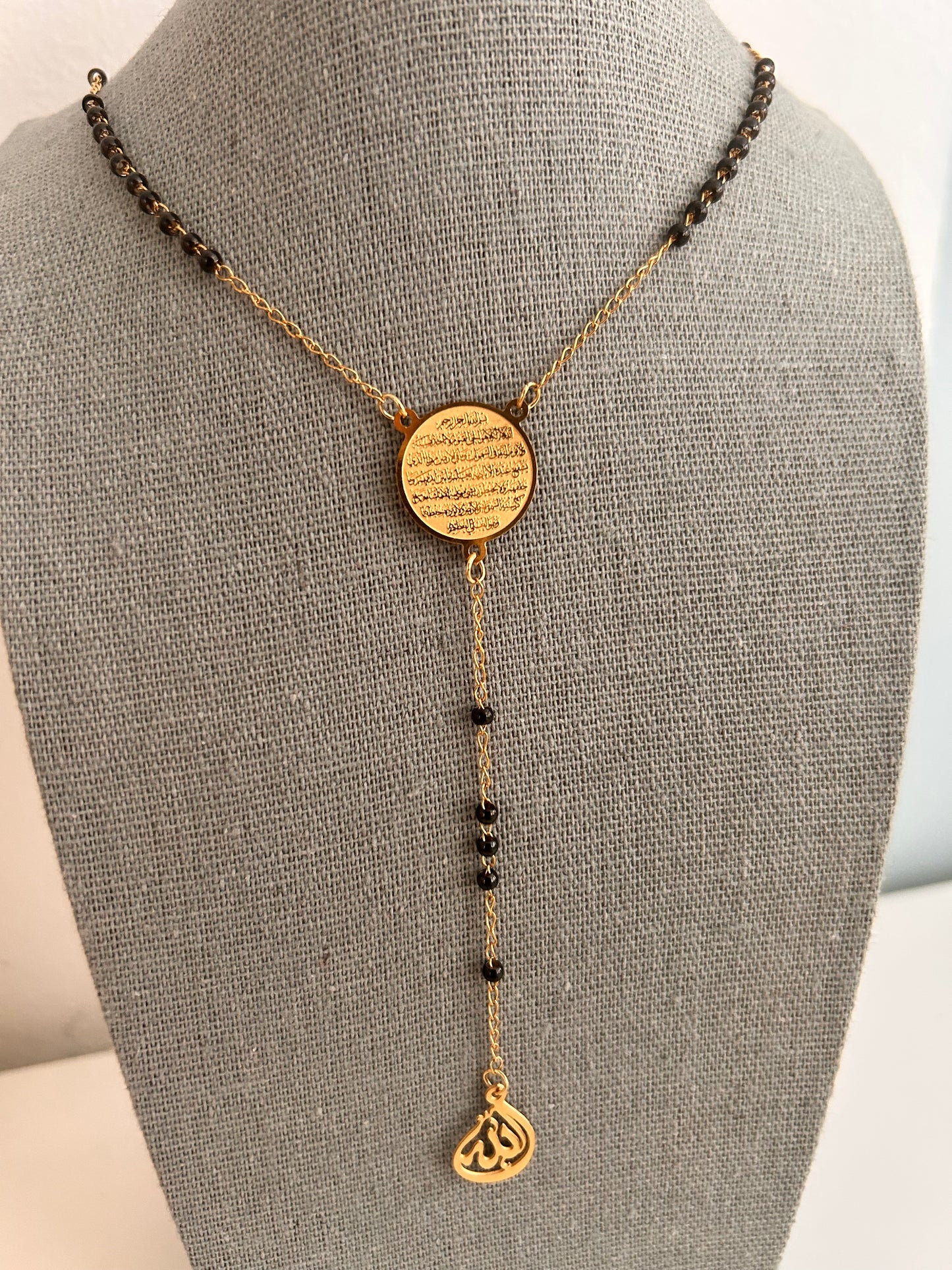 Ayatul kursi Y black beaded gold necklace