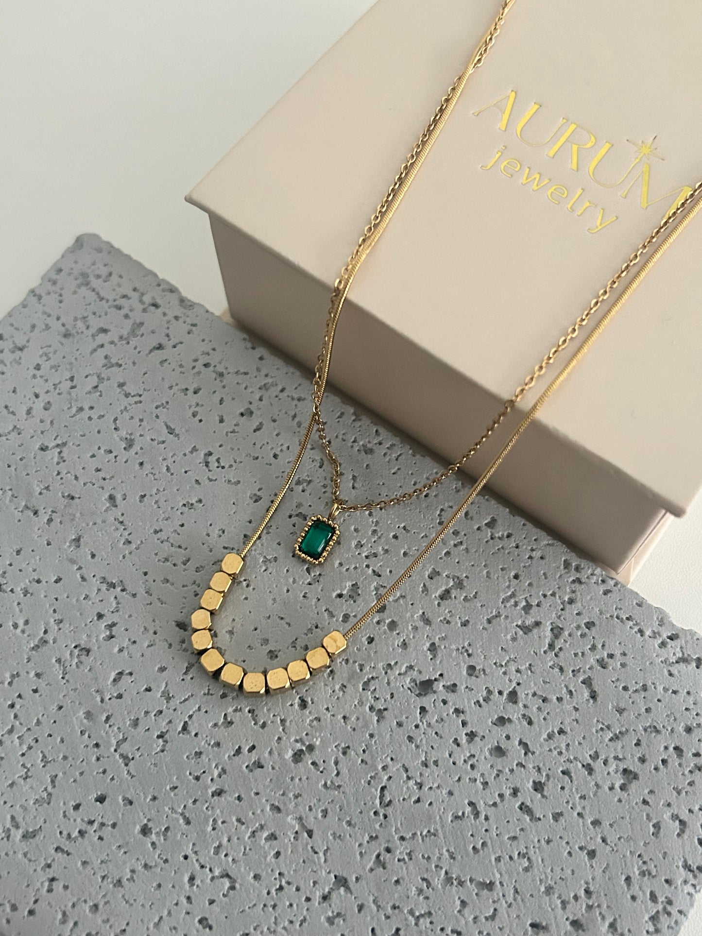 Emmy necklace • Double layer Dainty beaded necklace with a green cz stone