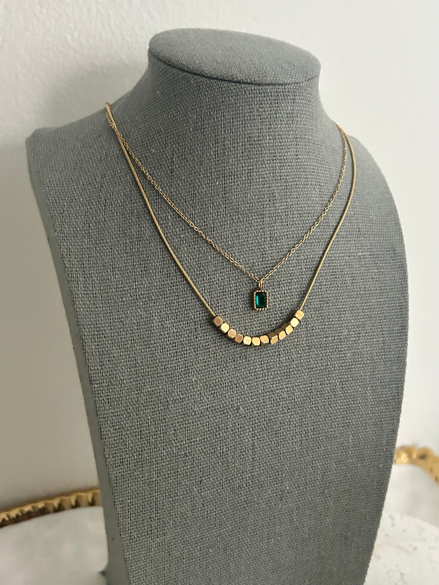 Emmy necklace • Double layer Dainty beaded necklace with a green cz stone