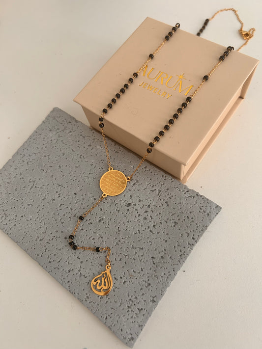 Ayatul kursi Y black beaded gold necklace