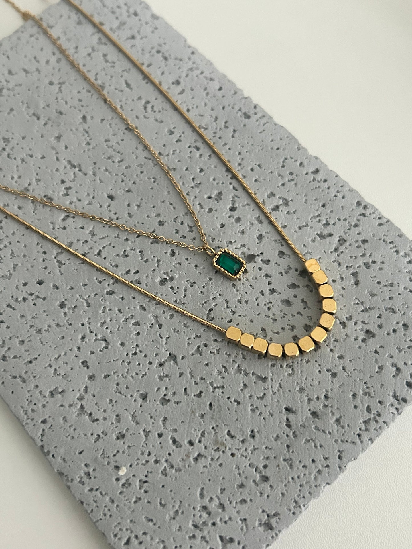 Emmy necklace • Double layer Dainty beaded necklace with a green cz stone