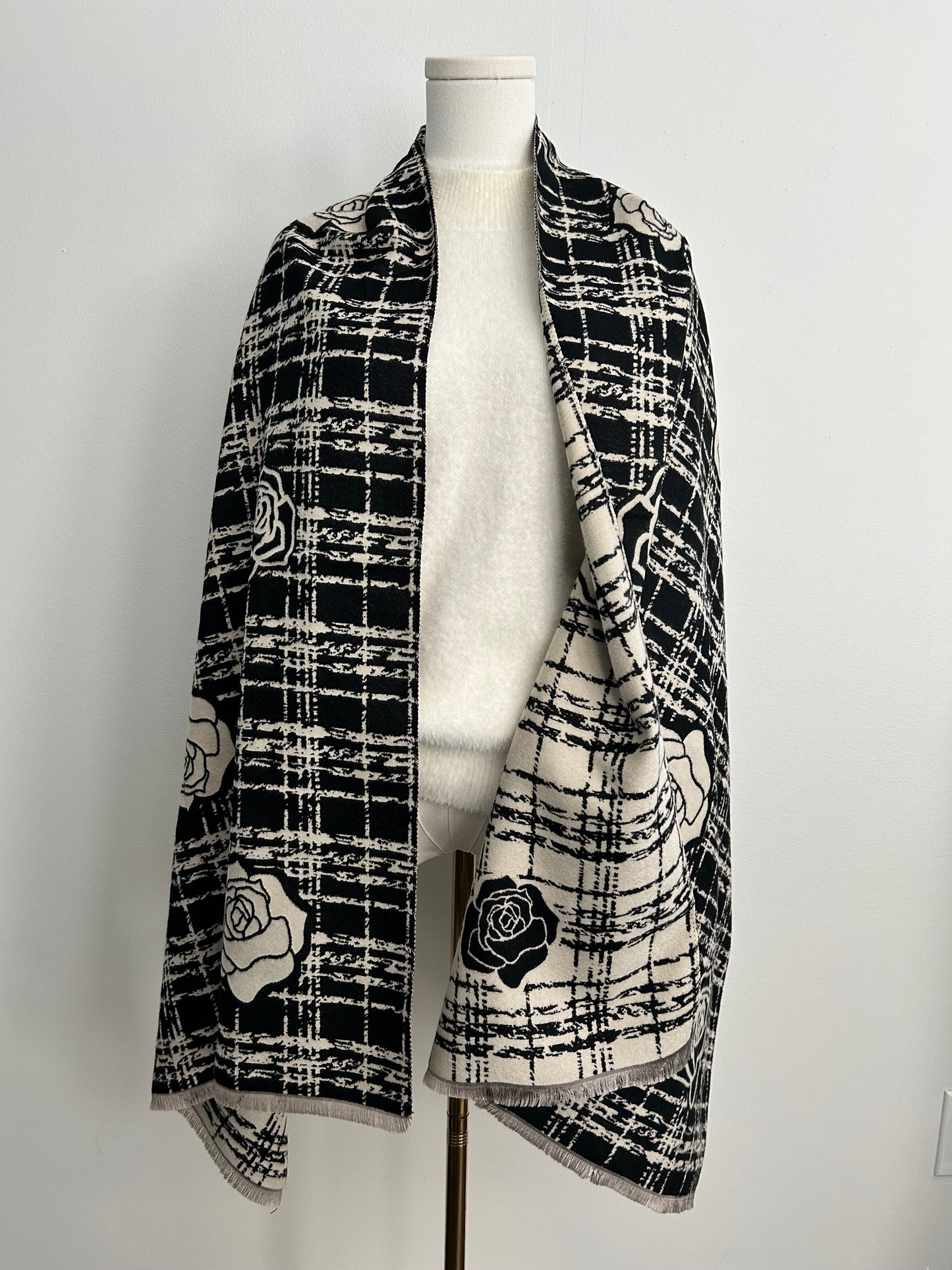 Cashmere feel shawl with camelia flowers prints