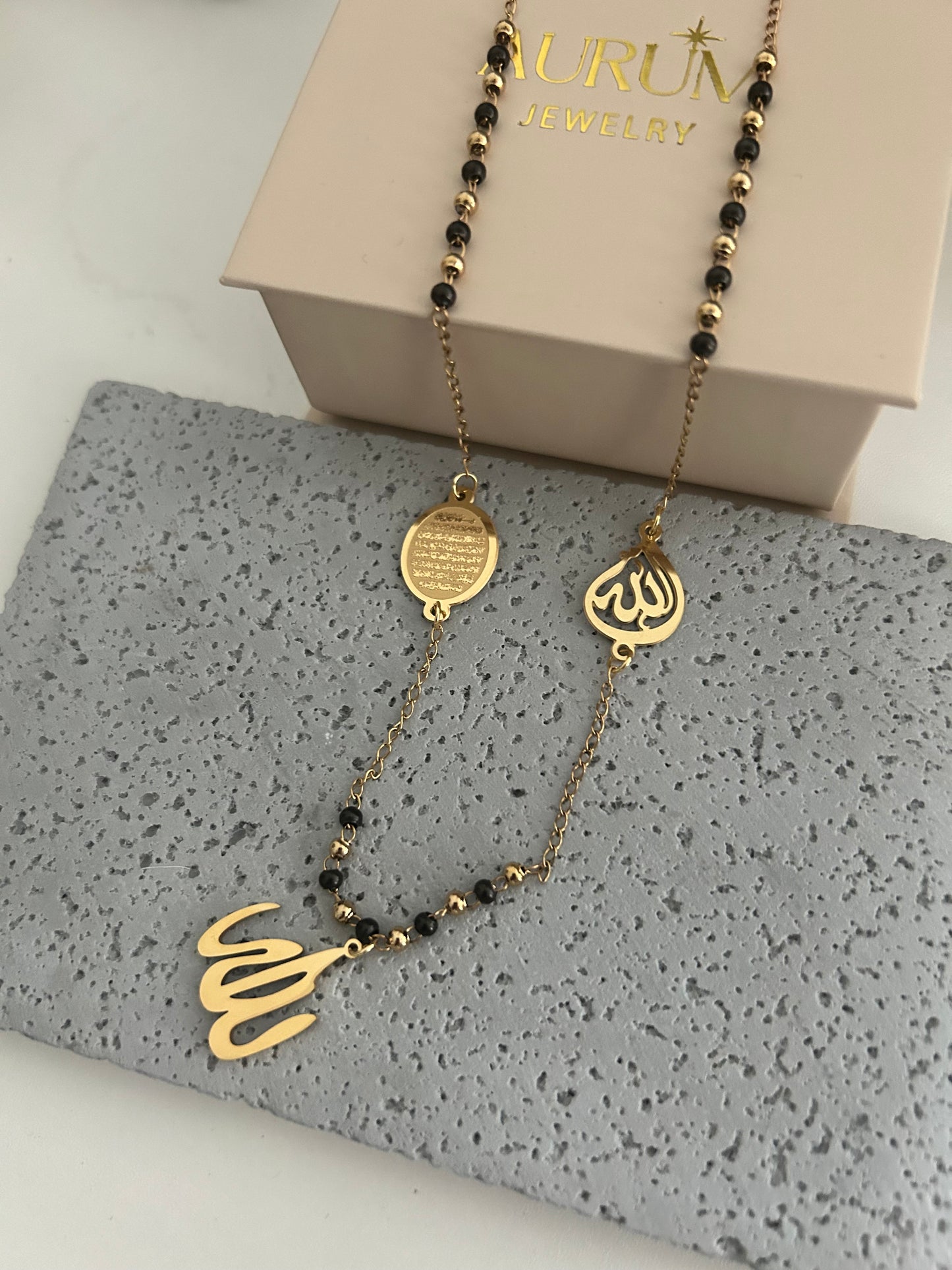 Ayatul kursi Y gold necklace with coloured beads