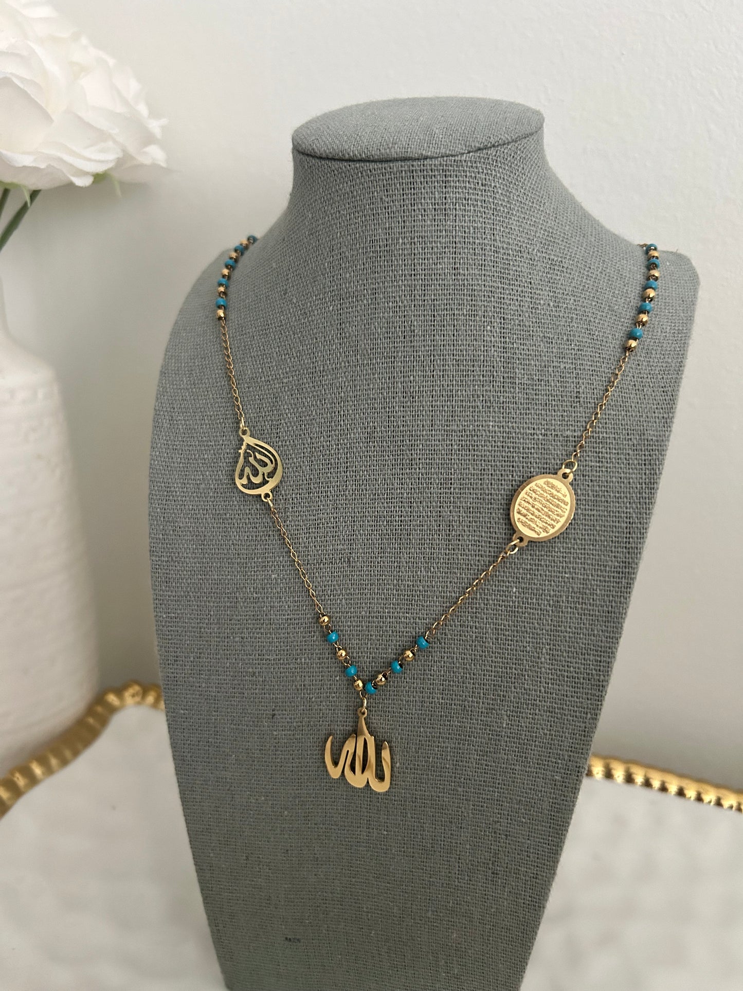 Ayatul kursi Y gold necklace with coloured beads