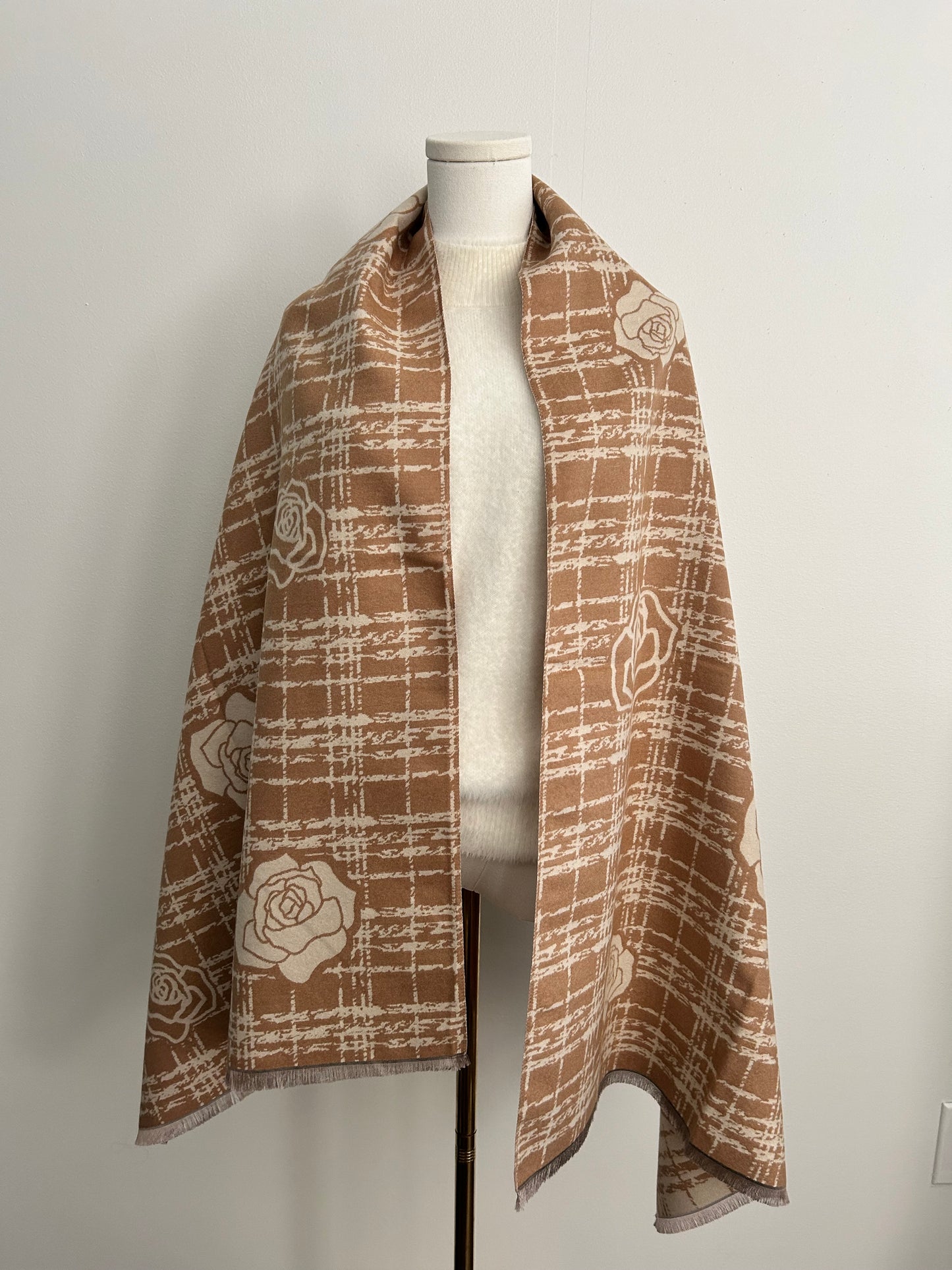 Cashmere feel shawl with camelia flowers prints