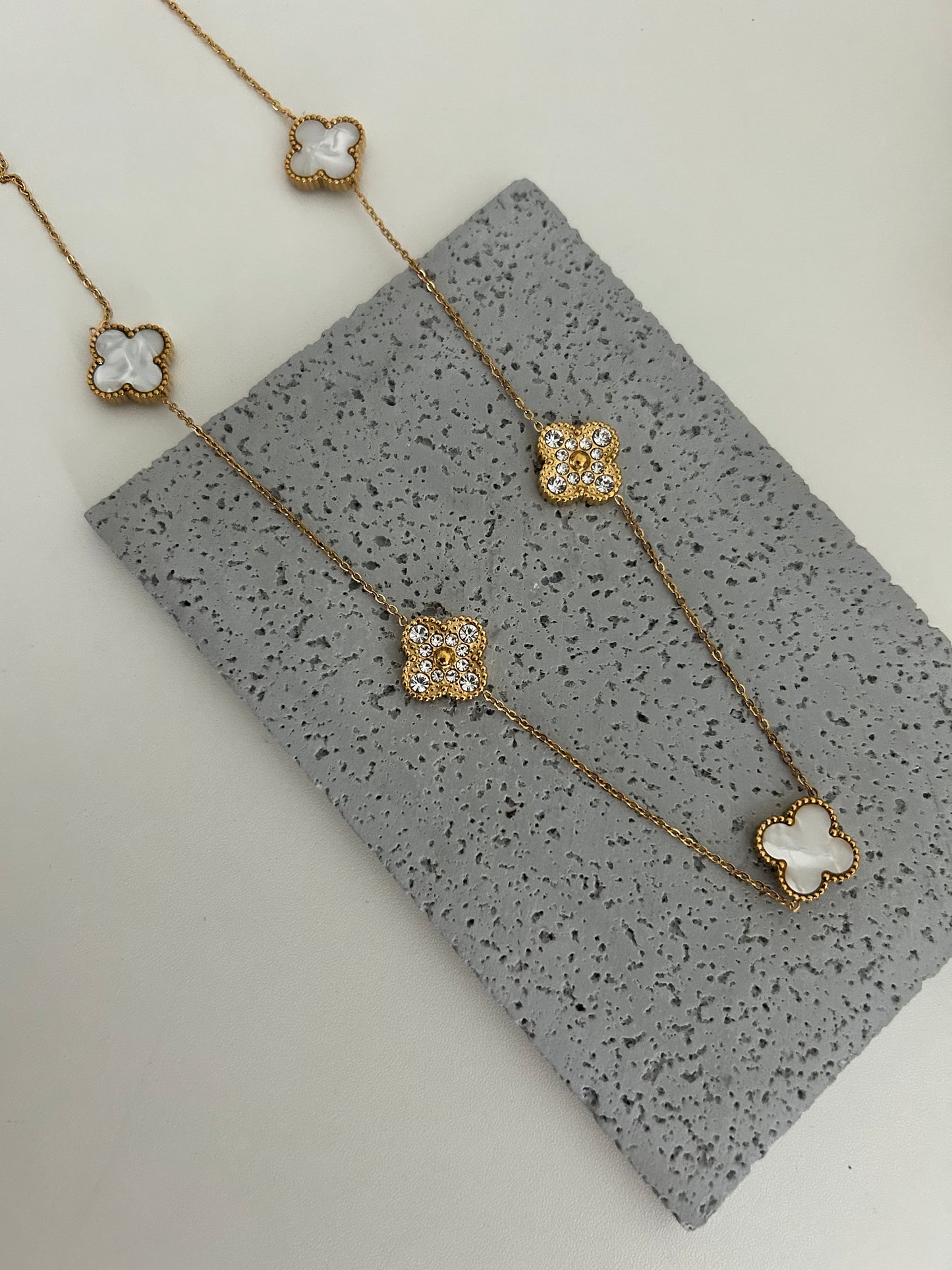 Abeera Necklace • Mother of Pearl and rhinestones all over clover necklace