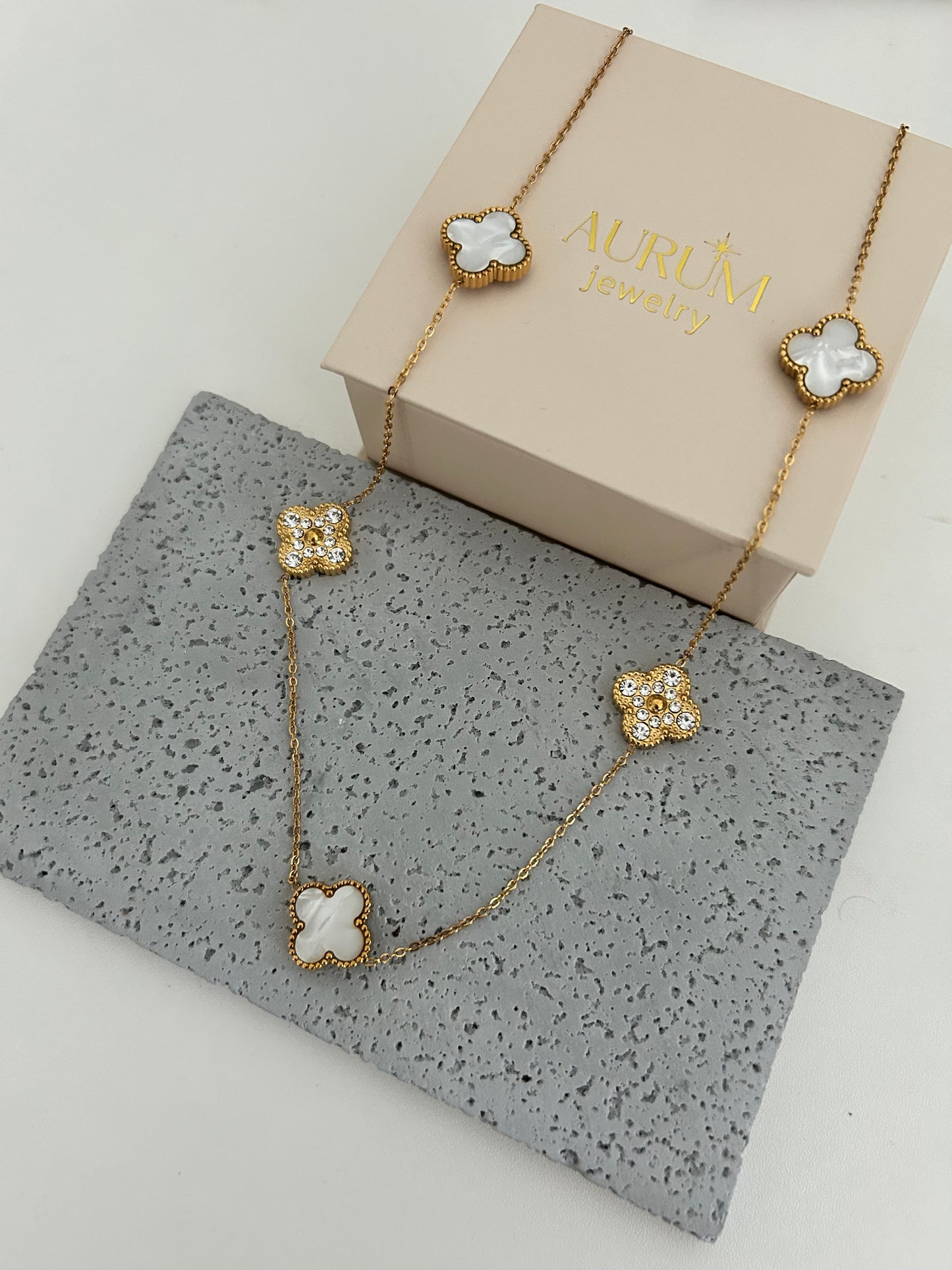 Abeera Necklace • Mother of Pearl and rhinestones all over clover necklace