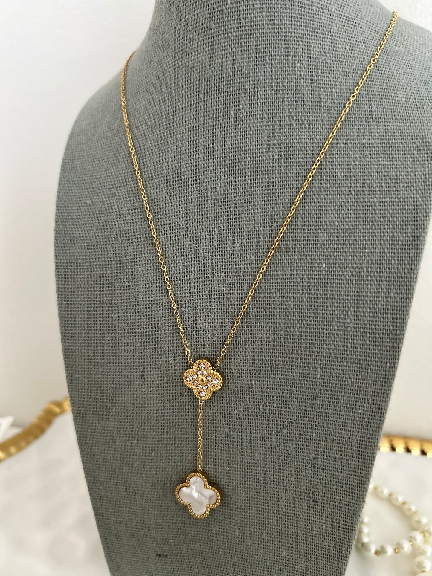 Abeera Lariat Necklace • Lariat Gold Four-Leaf clover necklace