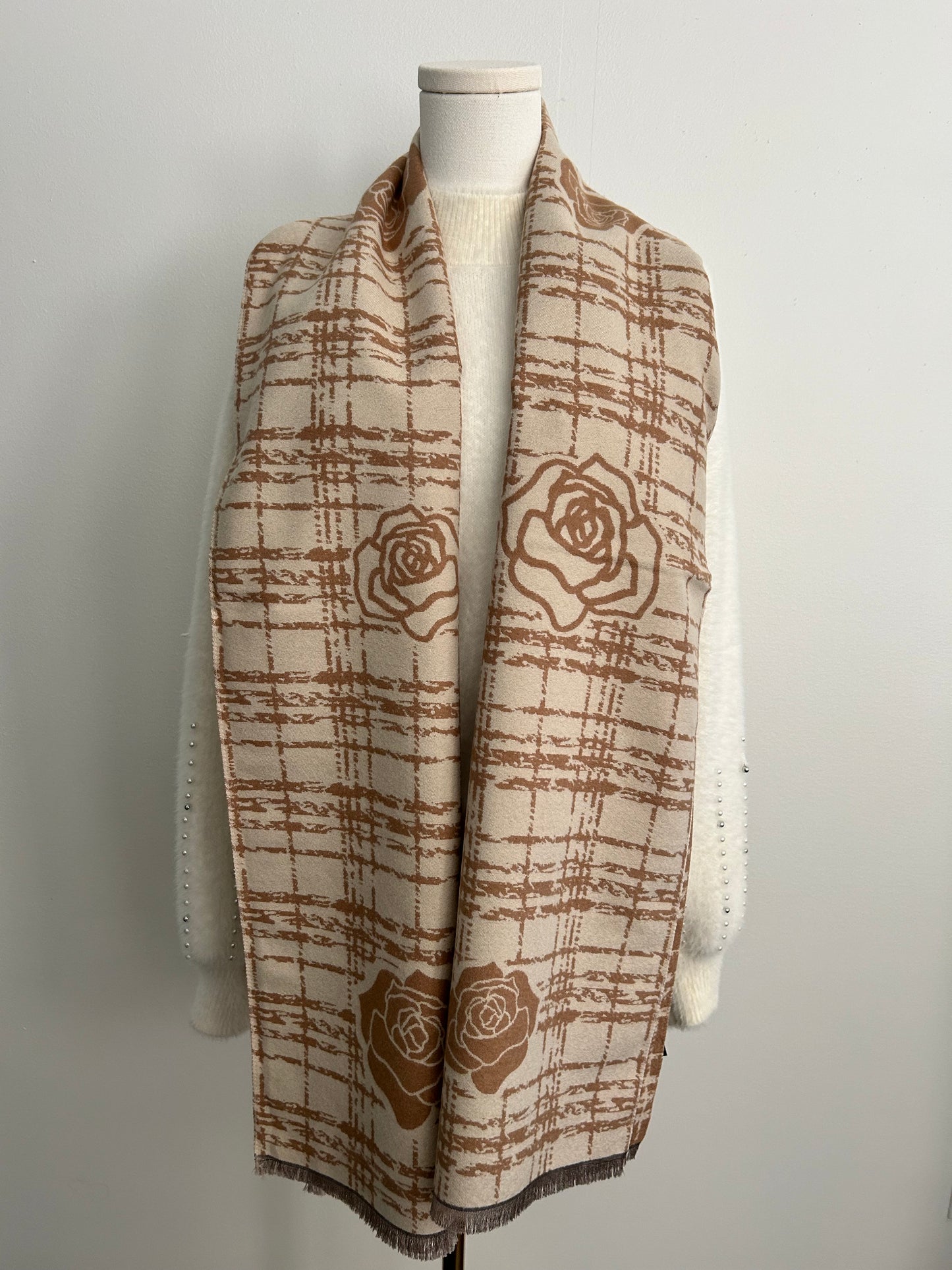 Cashmere feel shawl with camelia flowers prints