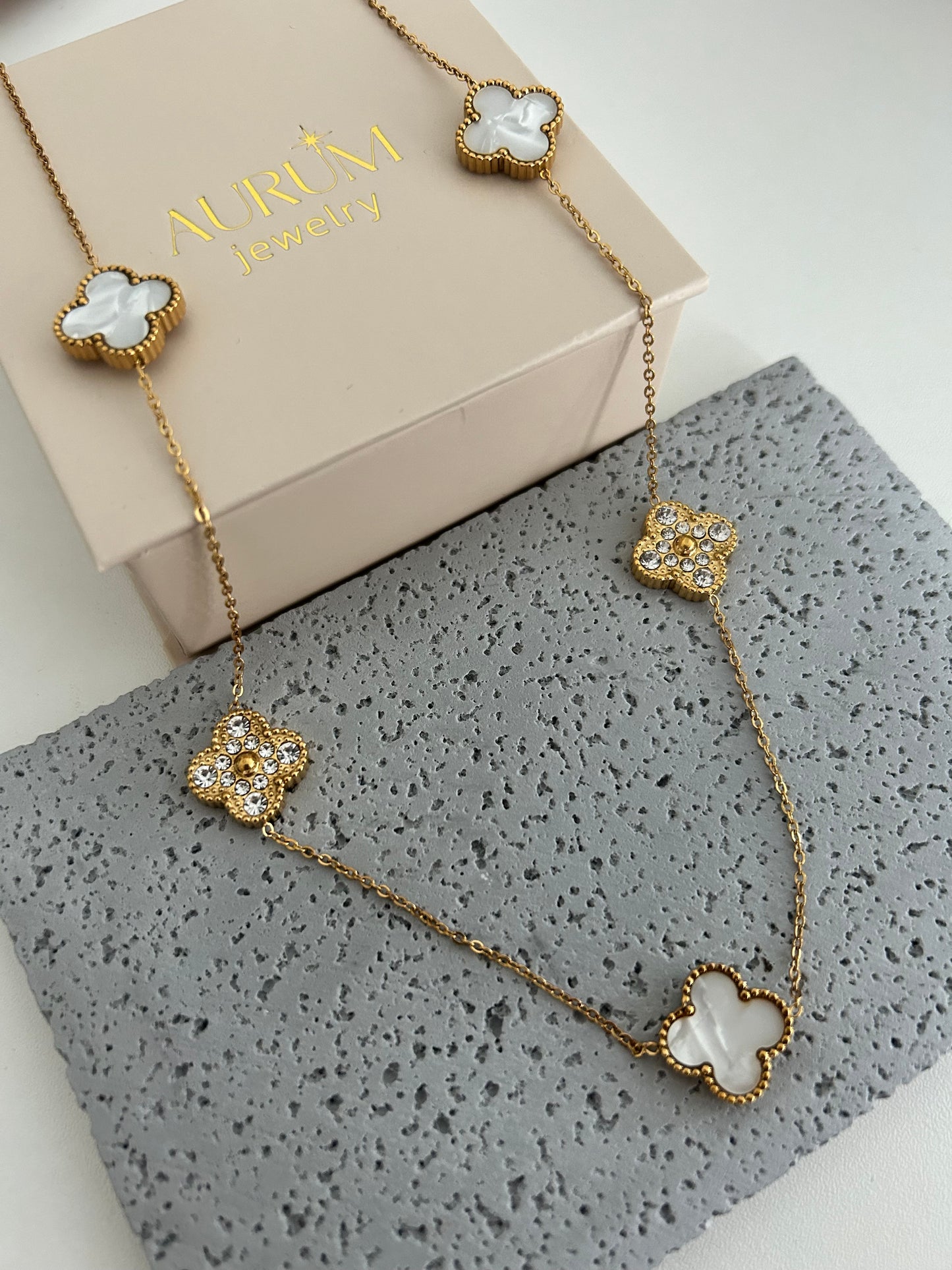 Abeera Necklace • Mother of Pearl and rhinestones all over clover necklace