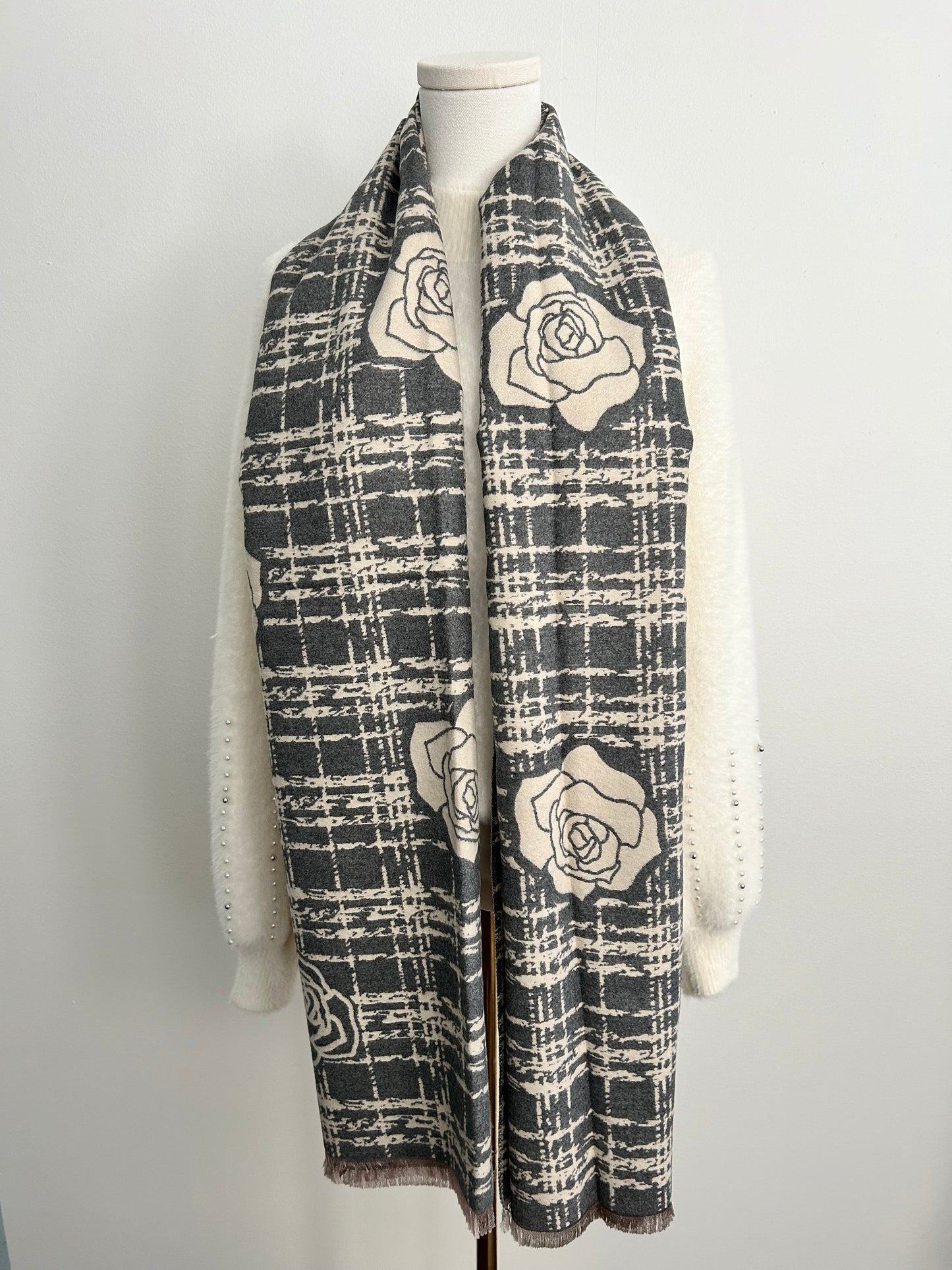 Cashmere feel shawl with camelia flowers prints