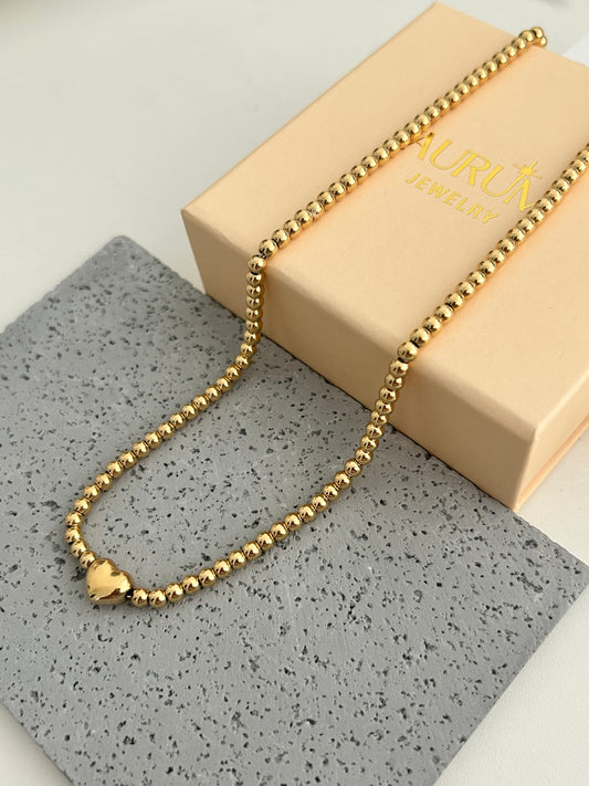 Mila Necklace • Dainty gold beaded  heart necklace