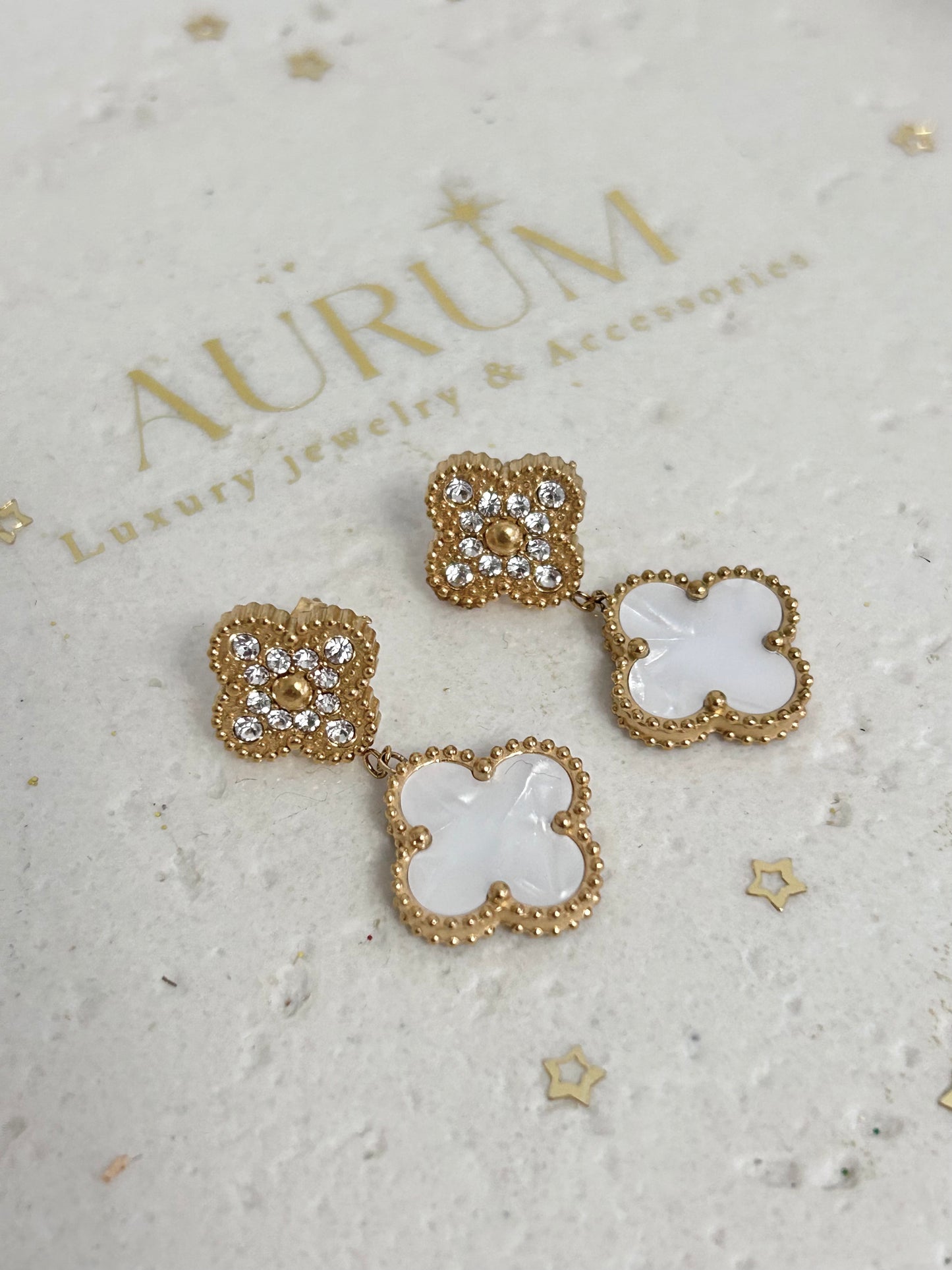 Aurum's White Four-Leaf Clover Drop Earrings 